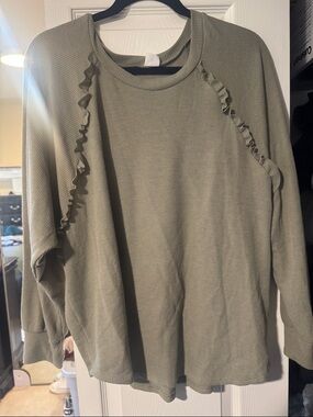 Ruffle-Trim Waffle Knit Long Sleeve Top - Olive Green-LIKE LOVE